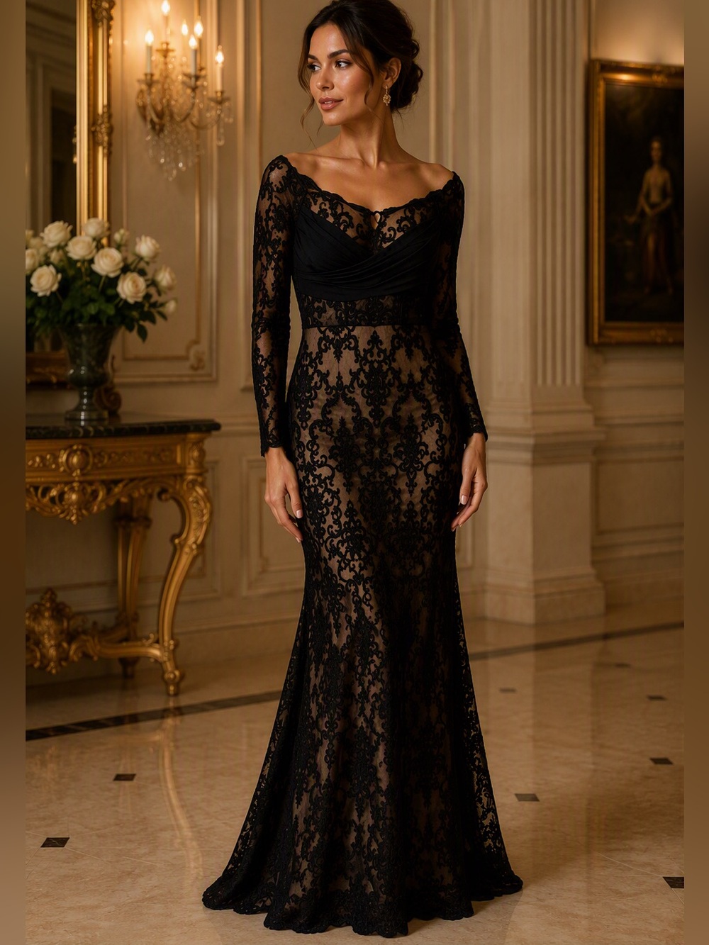 Elegant Black Lace Evening Gown Size XS